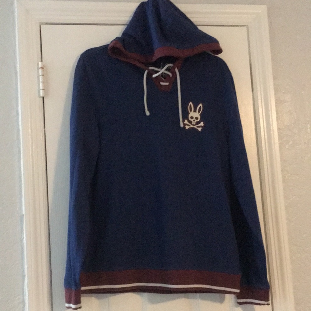 Psycho Bunny Hoddie Men’s size S Navy Blue Red Trim Pullover (used).